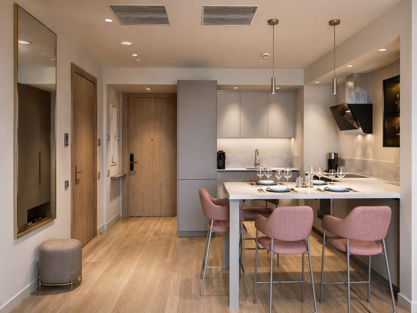 1BR show-home interior — sea-view living